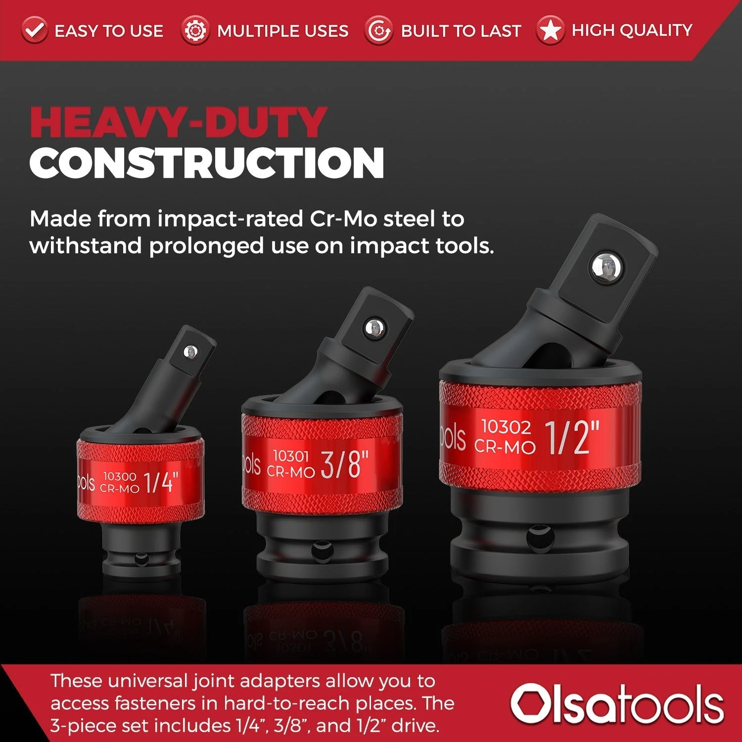 3pc Universal Joint Set, Socket Adapter 1/2", 3/8", and 1/4" drive - Image 14
