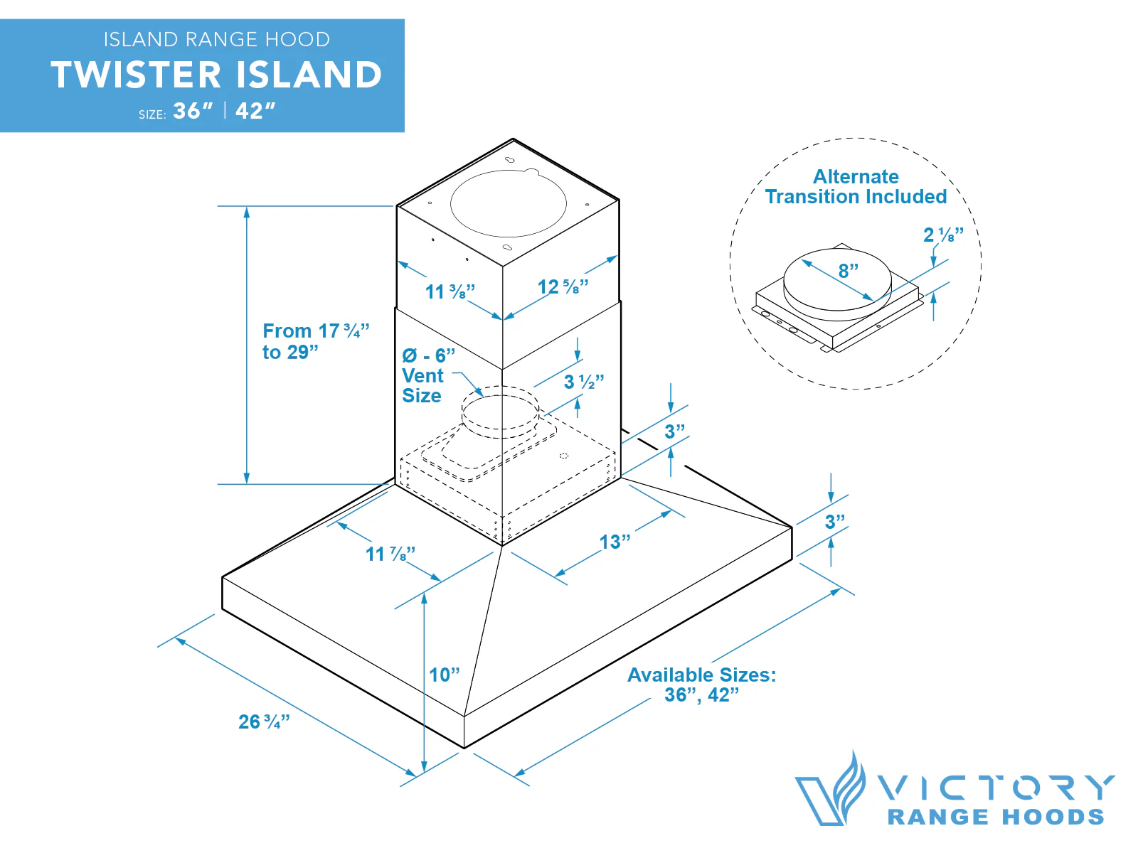 42 Inch Island Range Hood 750 CFM - VICTORY Twister Island - Image 7