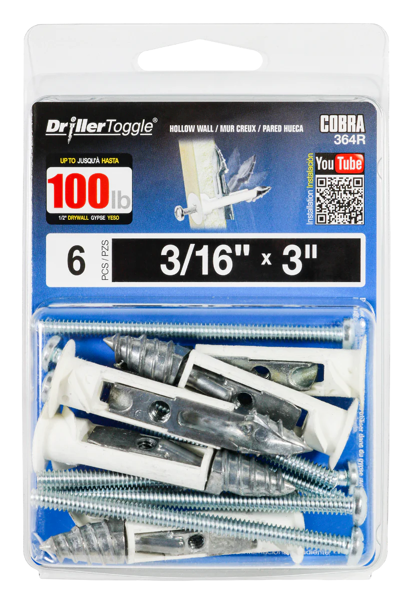 3/16"x3" DrillerToggle Wall Anchor w/ Bolts (6 Pack)