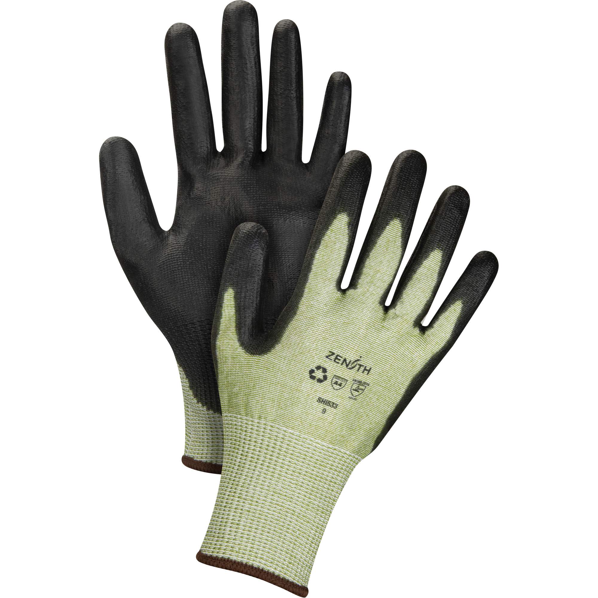 Eco-Friendly Seamless Cut-Resistant Gloves, Size 7, 13 Gauge, Polyurethane Coated, HPPE/RPET Shell, ASTM ANSI Level A4