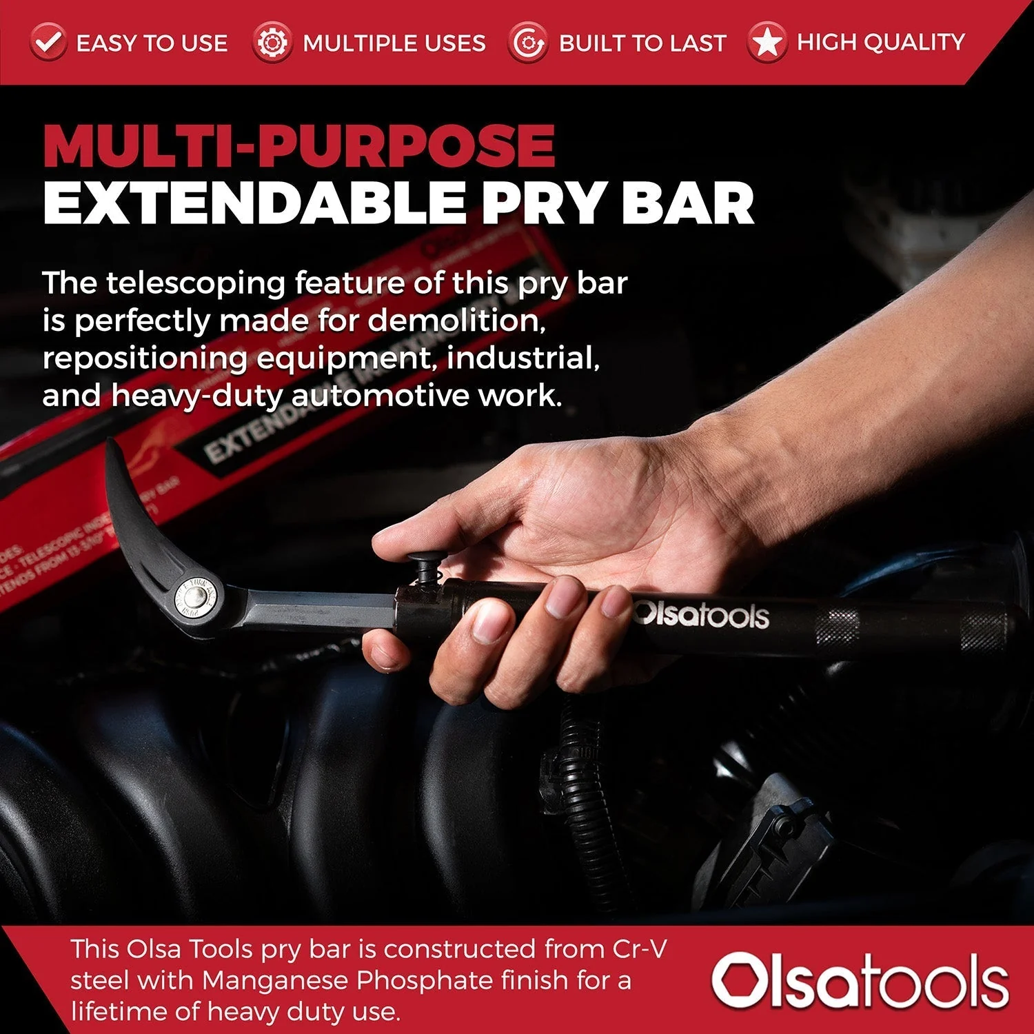 Extendable Indexing Pry Bar | Adjustable Length From 13.3-18.5 Inches - Image 4