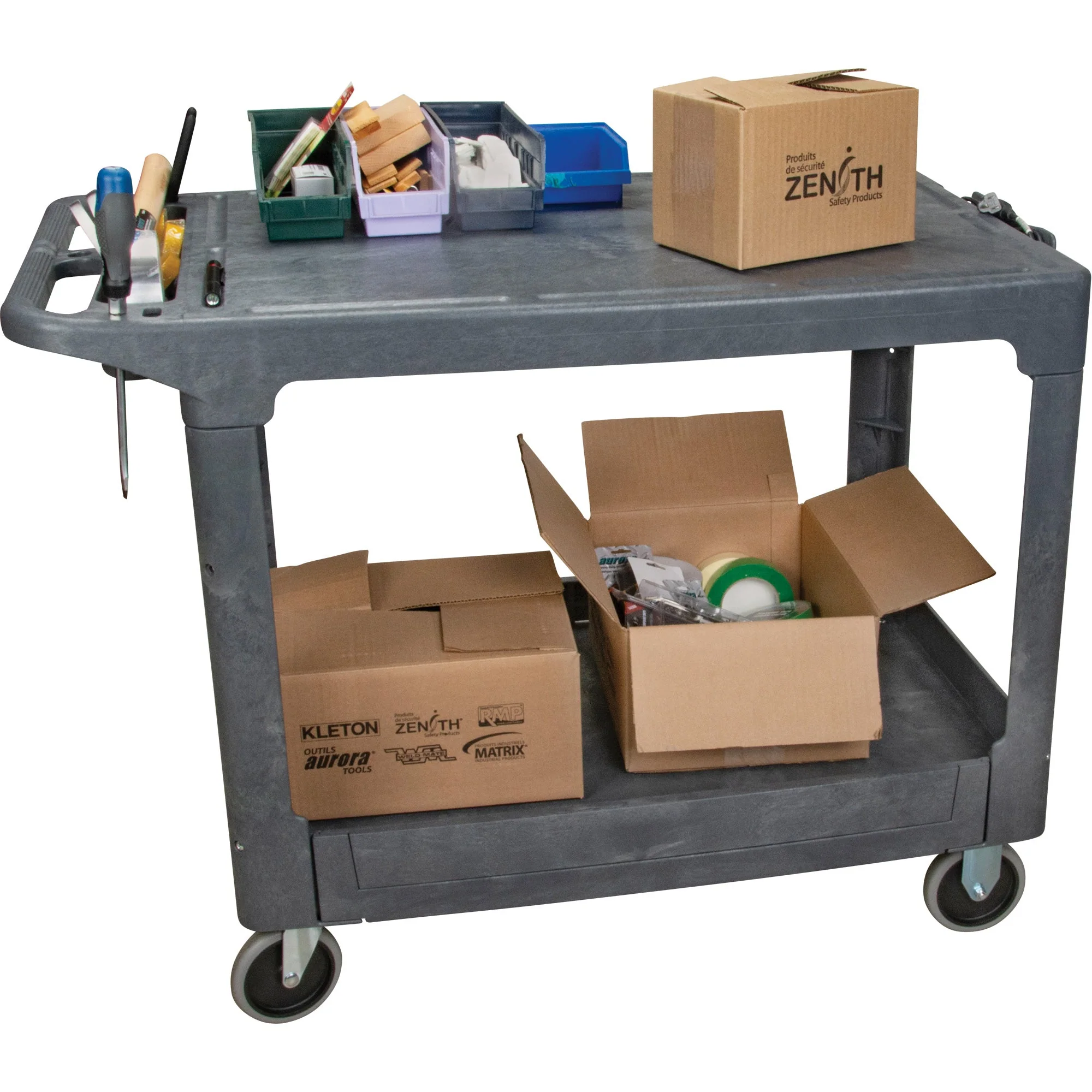 Flat-Shelf Utility Service Cart, 2 Tiers, 25-1/4" x 32-1/4" x 44", 550 lbs. Capacity - Image 2