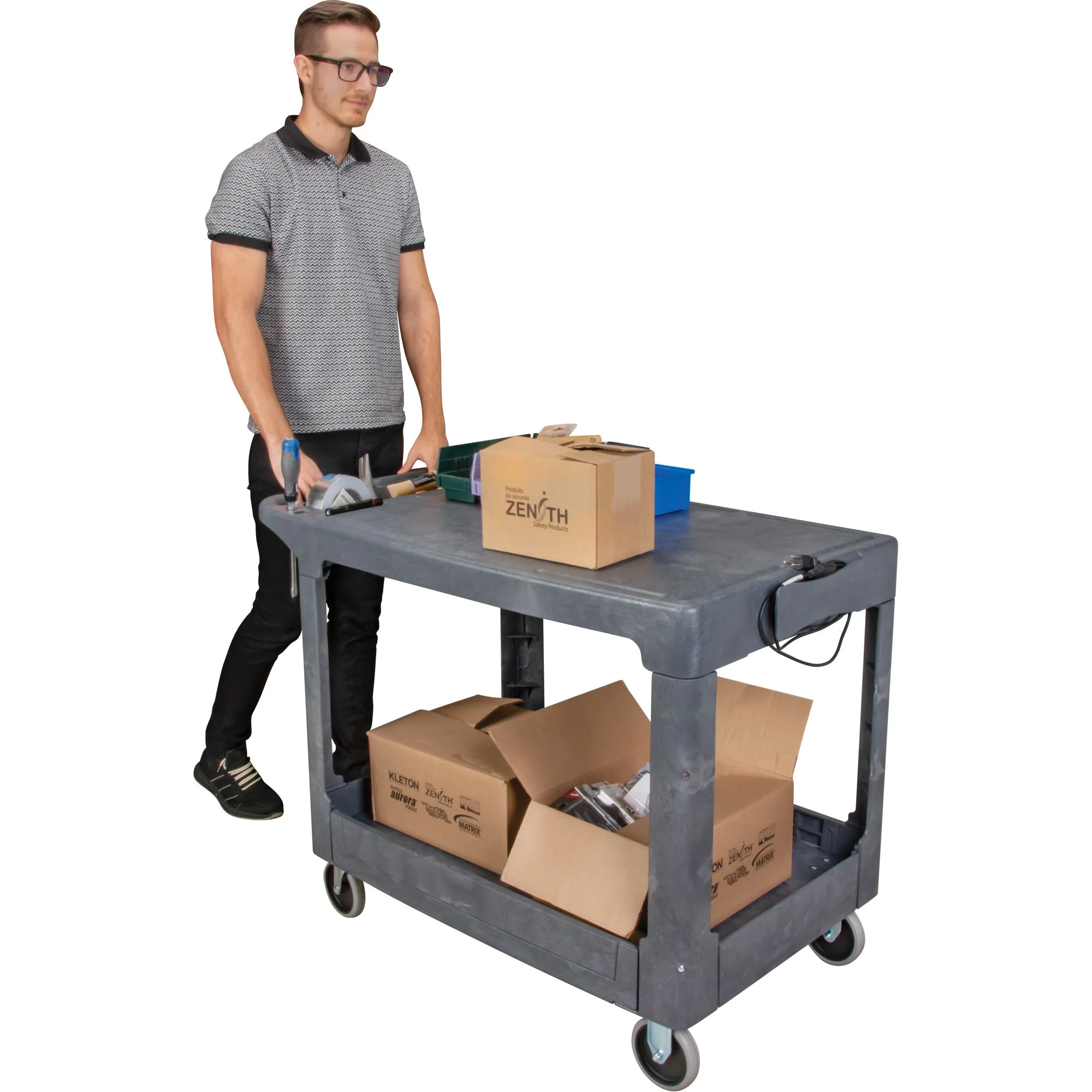Flat-Shelf Utility Service Cart, 2 Tiers, 25-1/4" x 32-1/4" x 44", 550 lbs. Capacity - Image 3