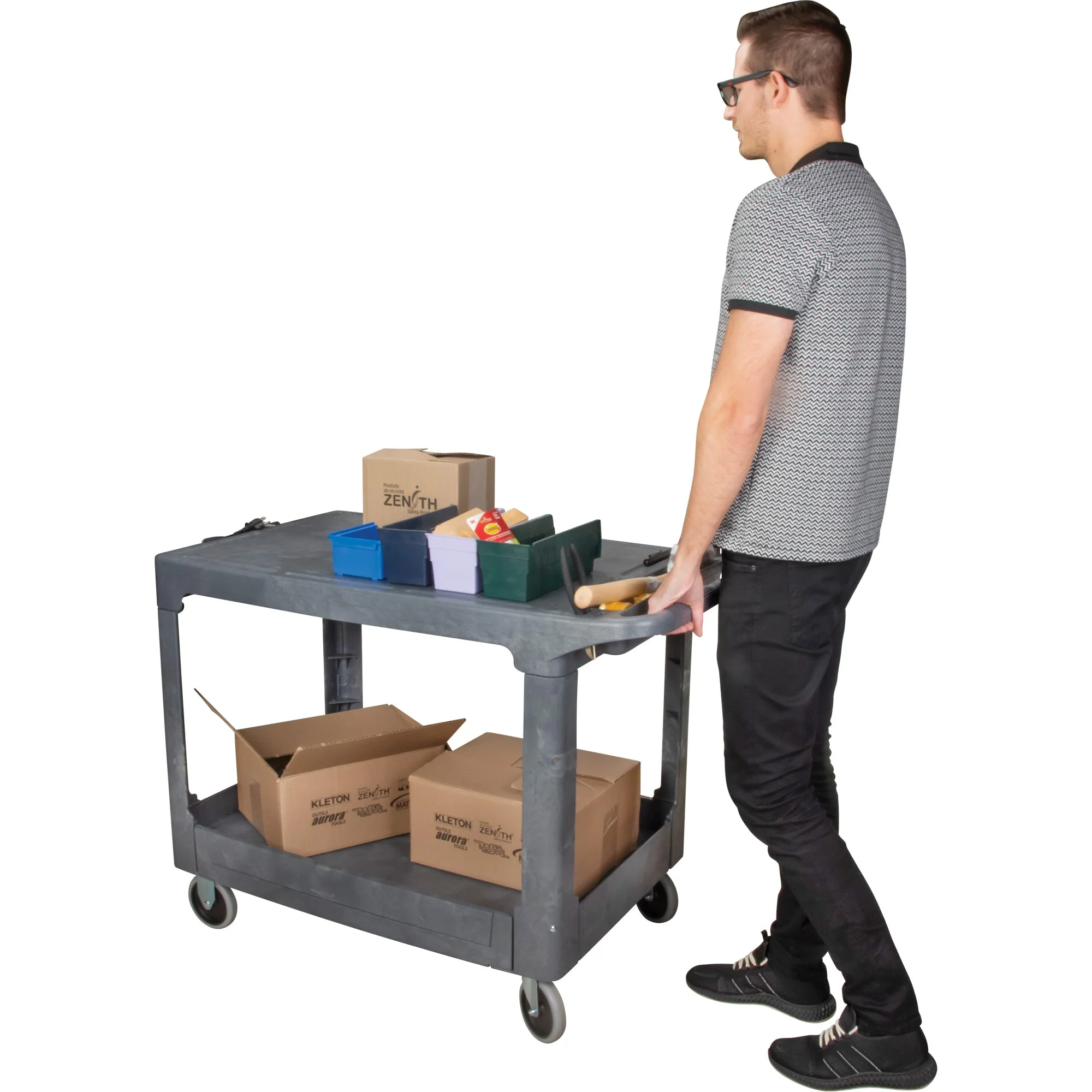 Flat-Shelf Utility Service Cart, 2 Tiers, 25-1/4" x 32-1/4" x 44", 550 lbs. Capacity - Image 4