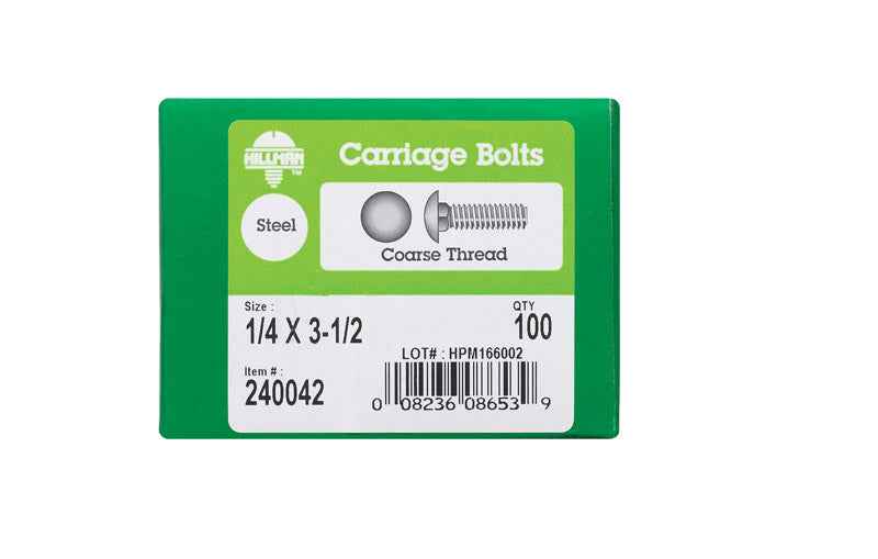 Hillman 1/4 in. X 3-1/2 in. L Zinc-Plated Steel Carriage Bolt 100 pk - Image 3