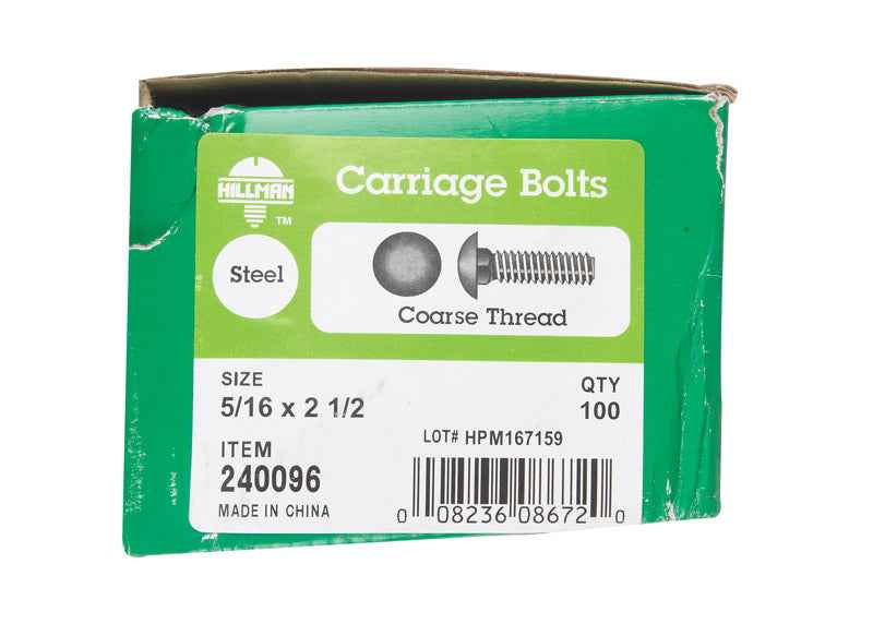 Hillman 5/16 in. X 2-1/2 in. L Zinc-Plated Steel Carriage Bolt 100 pk - Image 3