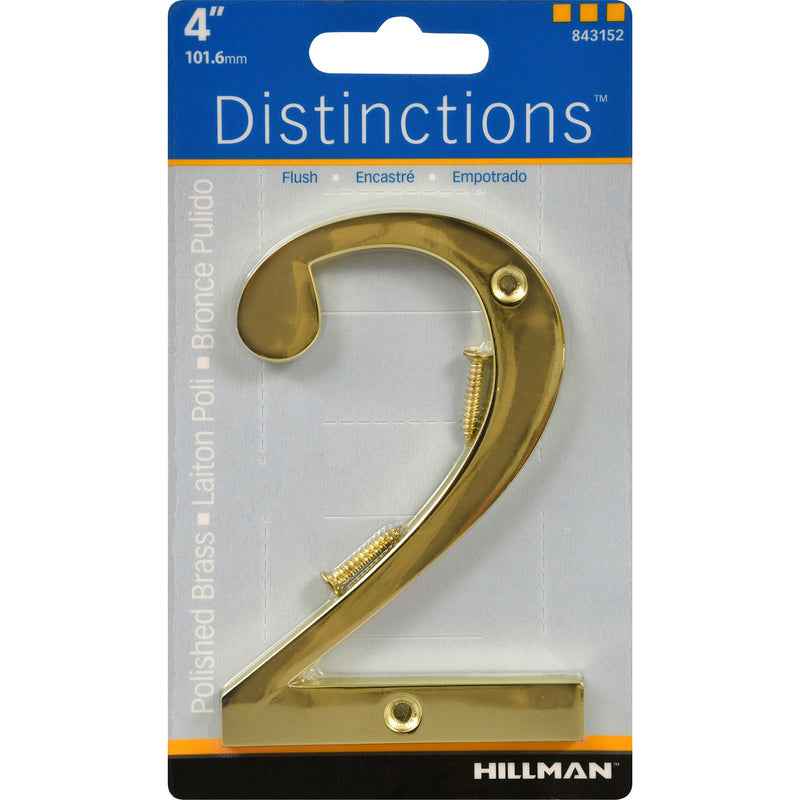Hillman Distinctions 4 in. Gold Brass Screw-On Number 2 1 pc (Pack of 3) - Image 2