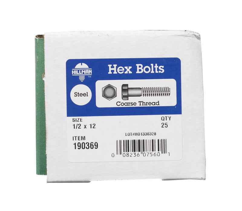 HILLMAN 1/2 in. D X 12 in. L Zinc Plated Steel Hex Bolt 25 pk - Image 2