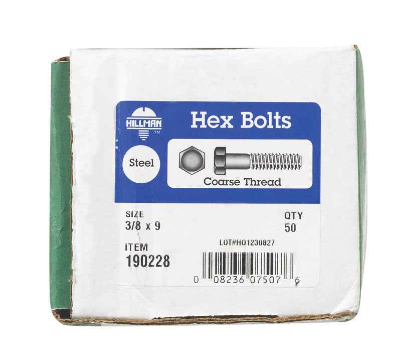 HILLMAN 3/8 in. D X 9 in. L Zinc Plated Steel Hex Bolt 50 pk - Image 2