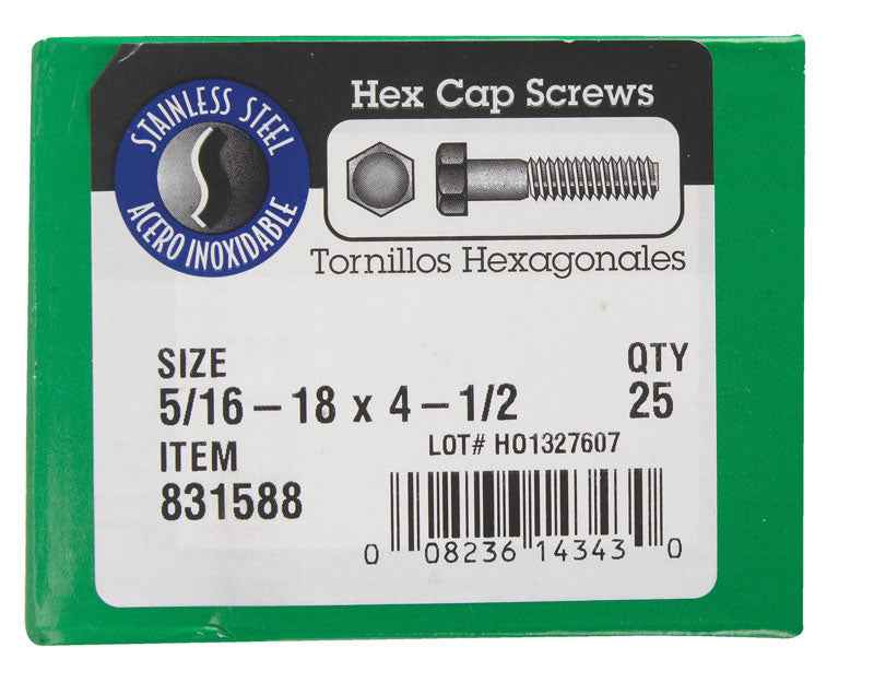HILLMAN 5/16-18 in. D X 4-1/2 in. L Stainless Steel Hex Head Cap Screw 25 pk - Image 2