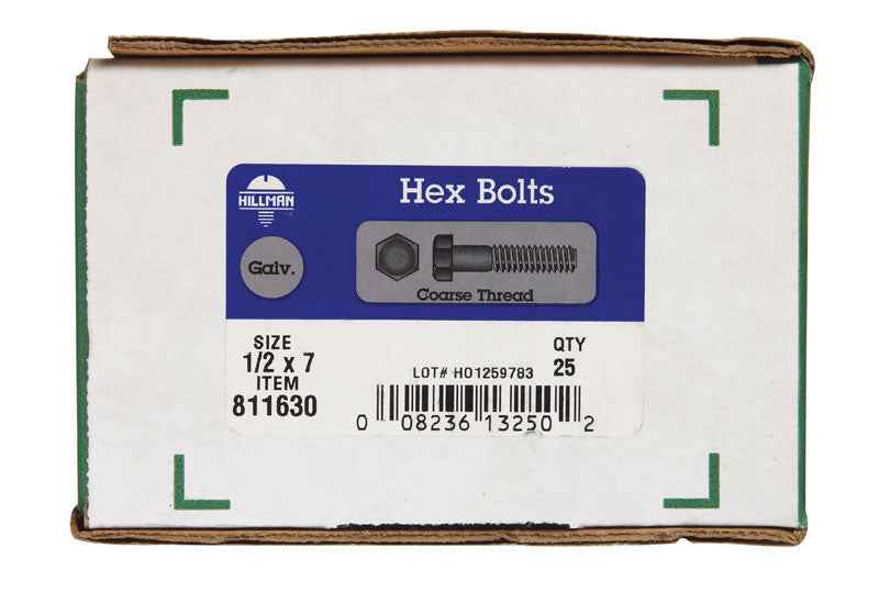 HILLMAN 1/2 in. D X 7 in. L Hot Dipped Galvanized Steel Hex Bolt 25 pk - Image 2