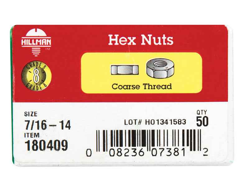 Hillman 7/16 in. Zinc Dichromate Steel USS Hex Nut 50 pk - Image 2