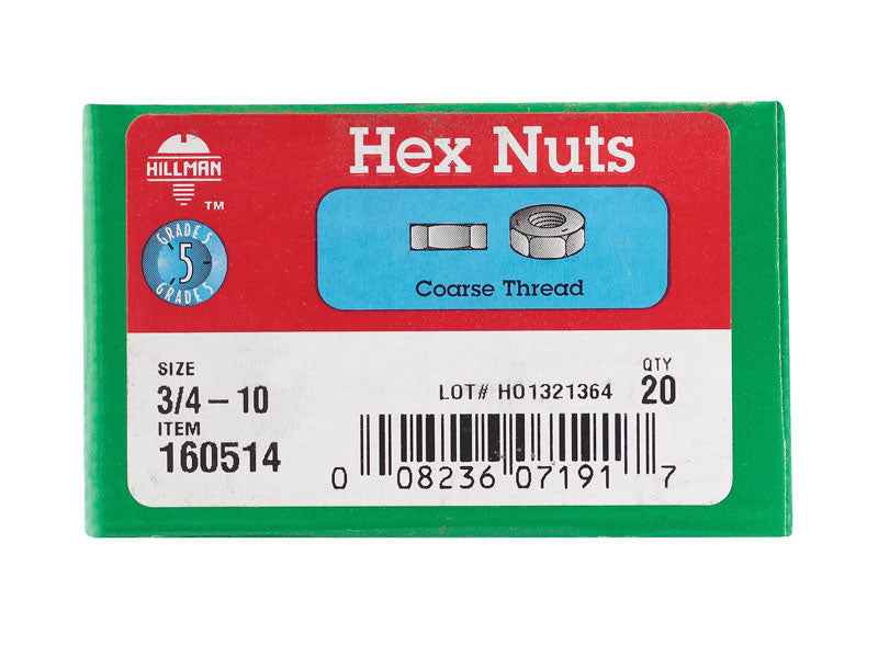 Hillman 3/4 in. Zinc-Plated Steel USS Hex Nut 20 pk - Image 2