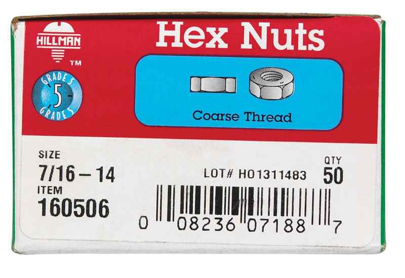 Hillman 7/16 in. Zinc-Plated Steel USS Hex Nut 50 pk - Image 2