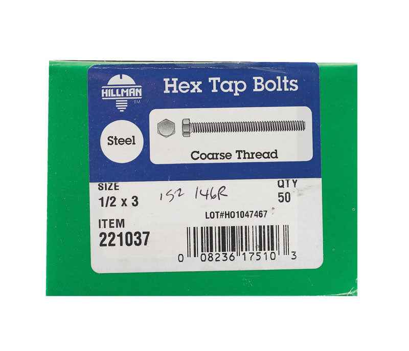 HILLMAN 1/2 in. D X 3 in. L Zinc Plated Steel Hex Tap Bolt 50 pk - Image 2