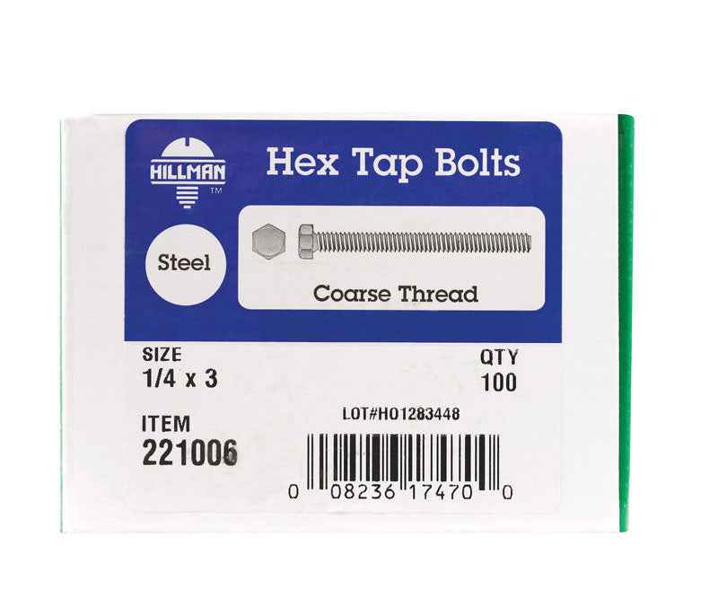 Hillman 1/4 in. D X 3 in. L Zinc Plated Steel Hex Tap Bolt 100 pk - Image 2