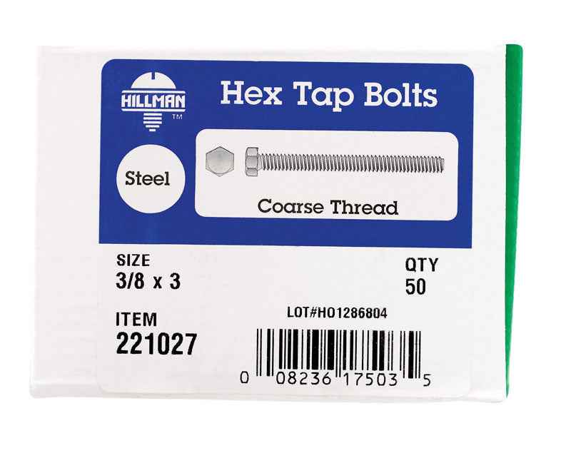 HILLMAN 3/8 in. D X 3 in. L Zinc Plated Steel Hex Tap Bolt 50 pk - Image 2