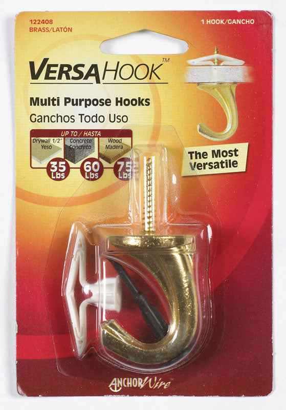 Hillman Brass Plated Brass Large Versa Hook 35 lb. Drywall; 75 lb. Wood 1 pk (Pack of 5) - Image 3
