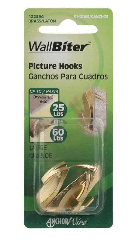 Hillman WallBiter Brass-Plated Silver Large Picture Hook 60 lb. 3 pk (Pack of 10) - Image 3