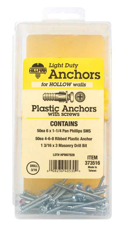 HILLMAN 0.164 in. D X 7/8 in. L Plastic Pan Head Ribbed Anchor Kit 101 pk