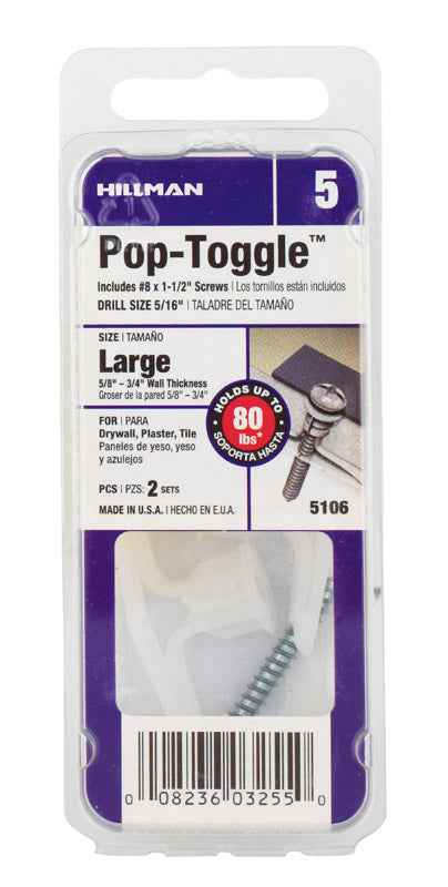 Hillman 5/8 in. Dia. x 5/8 in. Large in. L Zinc Pan Head Pop-Toggle Anchors 2 pk (Pack of 6) - Image 2
