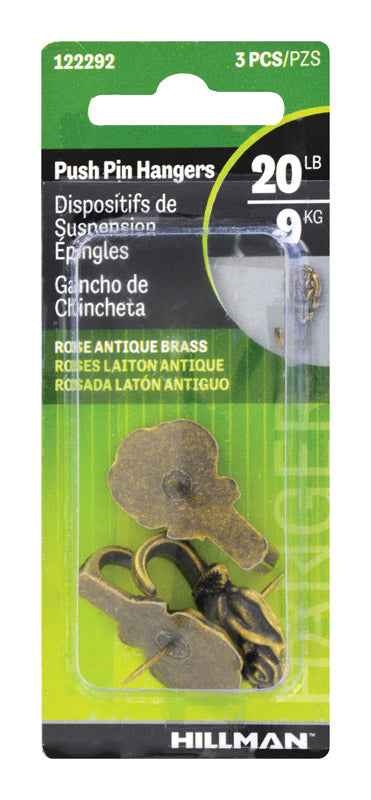Hillman AnchorWire Antique Brass Push Pin Picture Hook 20 lb. 3 pk (Pack of 10) - Image 3