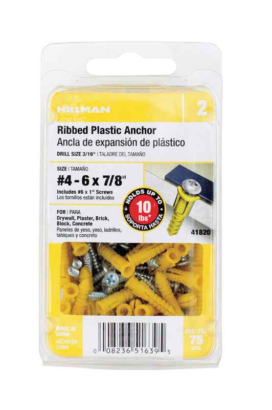 Hillman 0.164 in. Dia. x 7/8 in. L Plastic Pan Head Ribbed Anchor 75 pk (Pack of 5) - Image 4