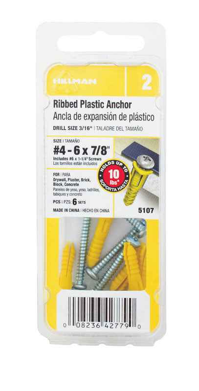 Hillman 0.164 in. Dia. x 7/8 in. L Plastic Pan Head Ribbed Anchor 6 pk (Pack of 6) - Image 4