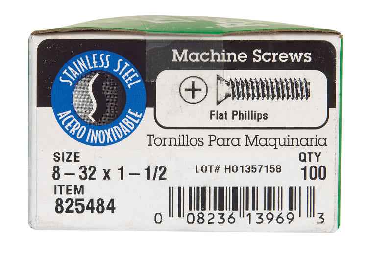 HILLMAN No. 8-32 Ga. X 1-1/2 in. L Phillips Flat Head Stainless Steel Machine Screws 100 pk - Image 2
