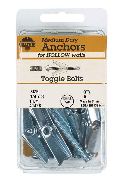 Hillman 1/4 in. Dia. x 3 in. L Round Steel Toggle Bolt 6 pk (Pack of 5) - Image 3