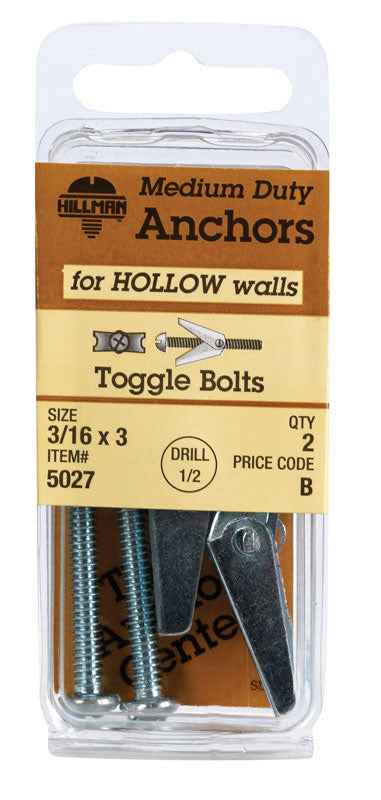 Hillman 1/4 in. Dia. x 3 in. L Round Steel Toggle Bolt 2 pk (Pack of 10) - Image 3
