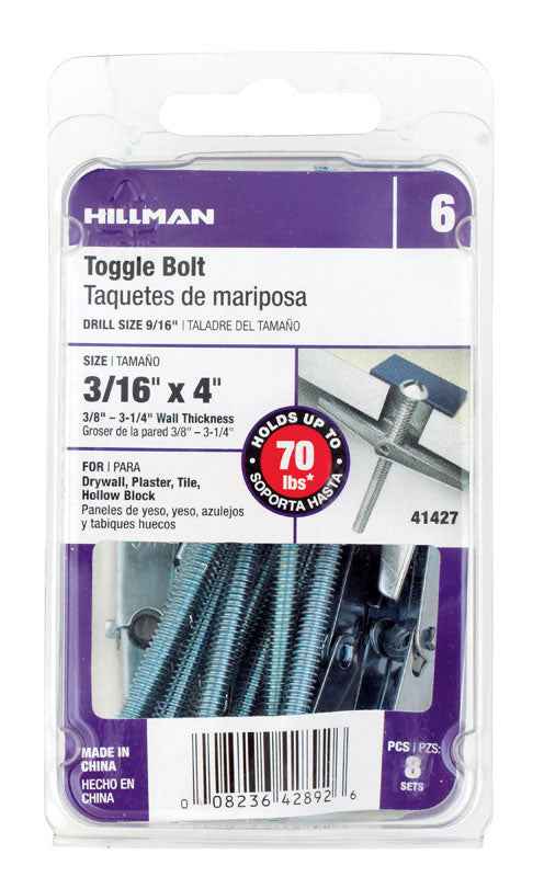 Hillman 1/4 in. Dia. x 4 in. L Round Steel Toggle Bolt 8 pk (Pack of 5) - Image 3