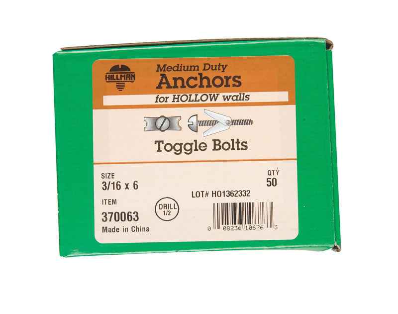 HILLMAN 3/16 in. D X 6 in. L Round Steel Toggle Bolt 50 pk - Image 2