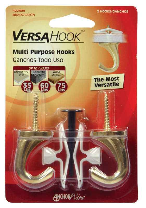 Hillman Brass Small Versa Hook 75 lb. capacity 2 pk (Pack of 5) - Image 3