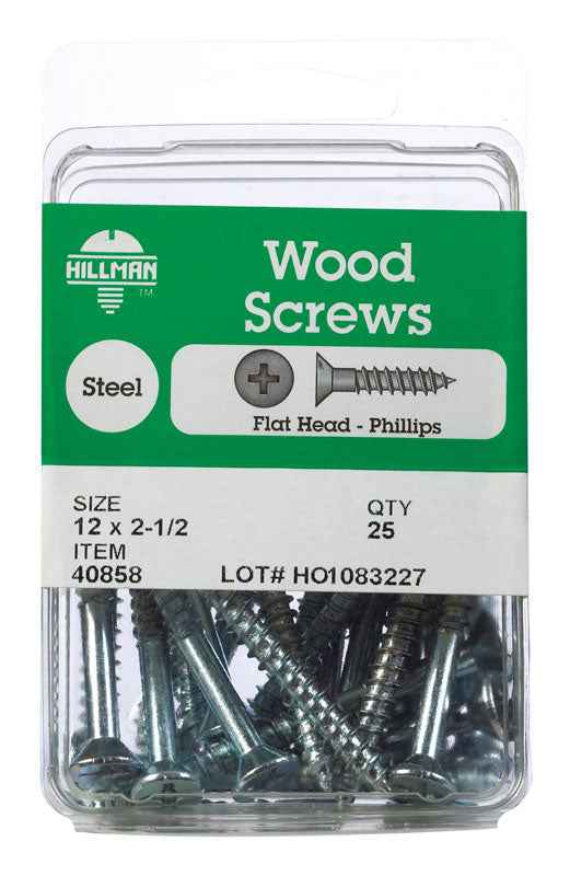 Hillman No. 12 x 2-1/2 in. L Phillips Zinc-Plated Wood Screws 25 pk (Pack of 5) - Image 2