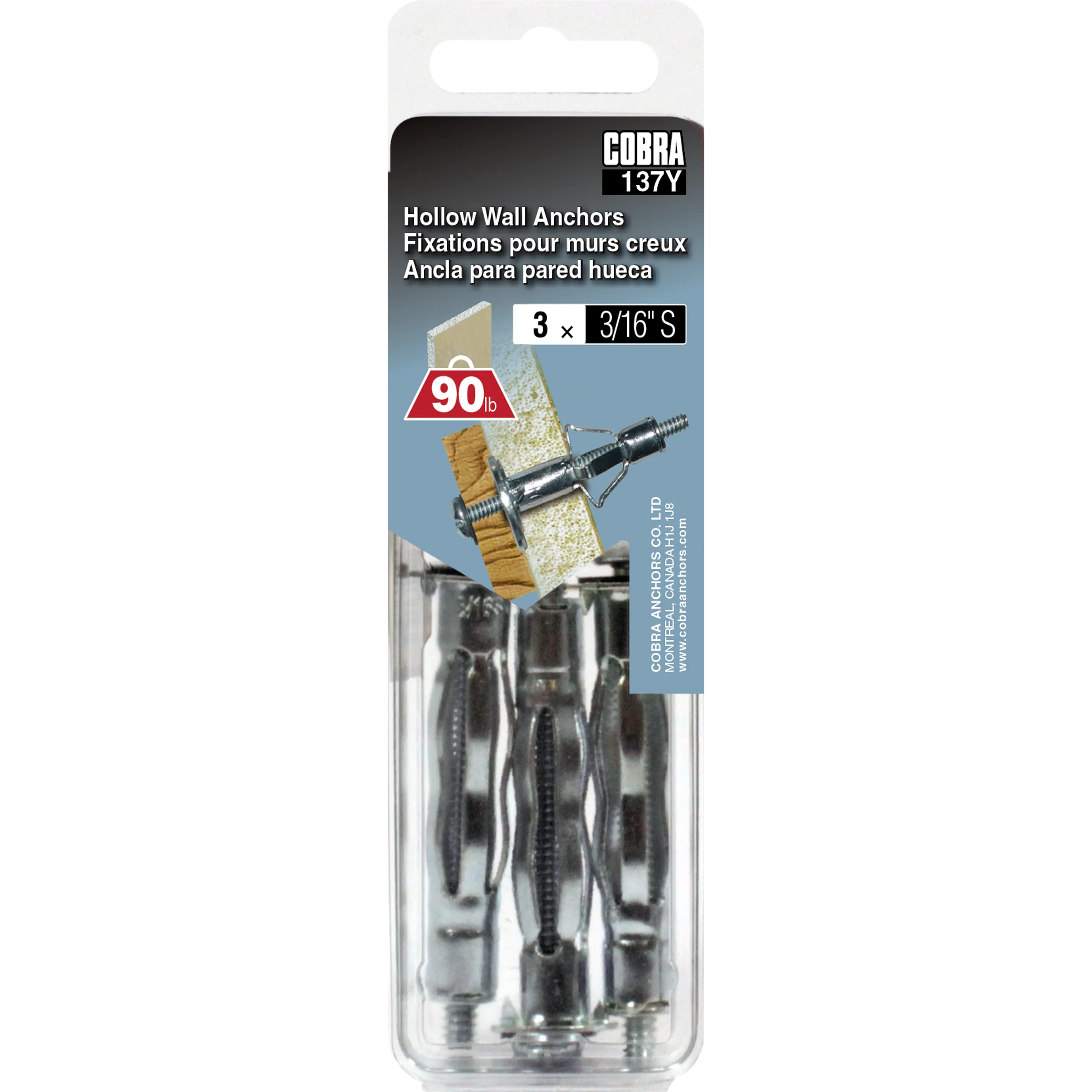 3/16" S Hollow Wall Anchor (3 Pack)