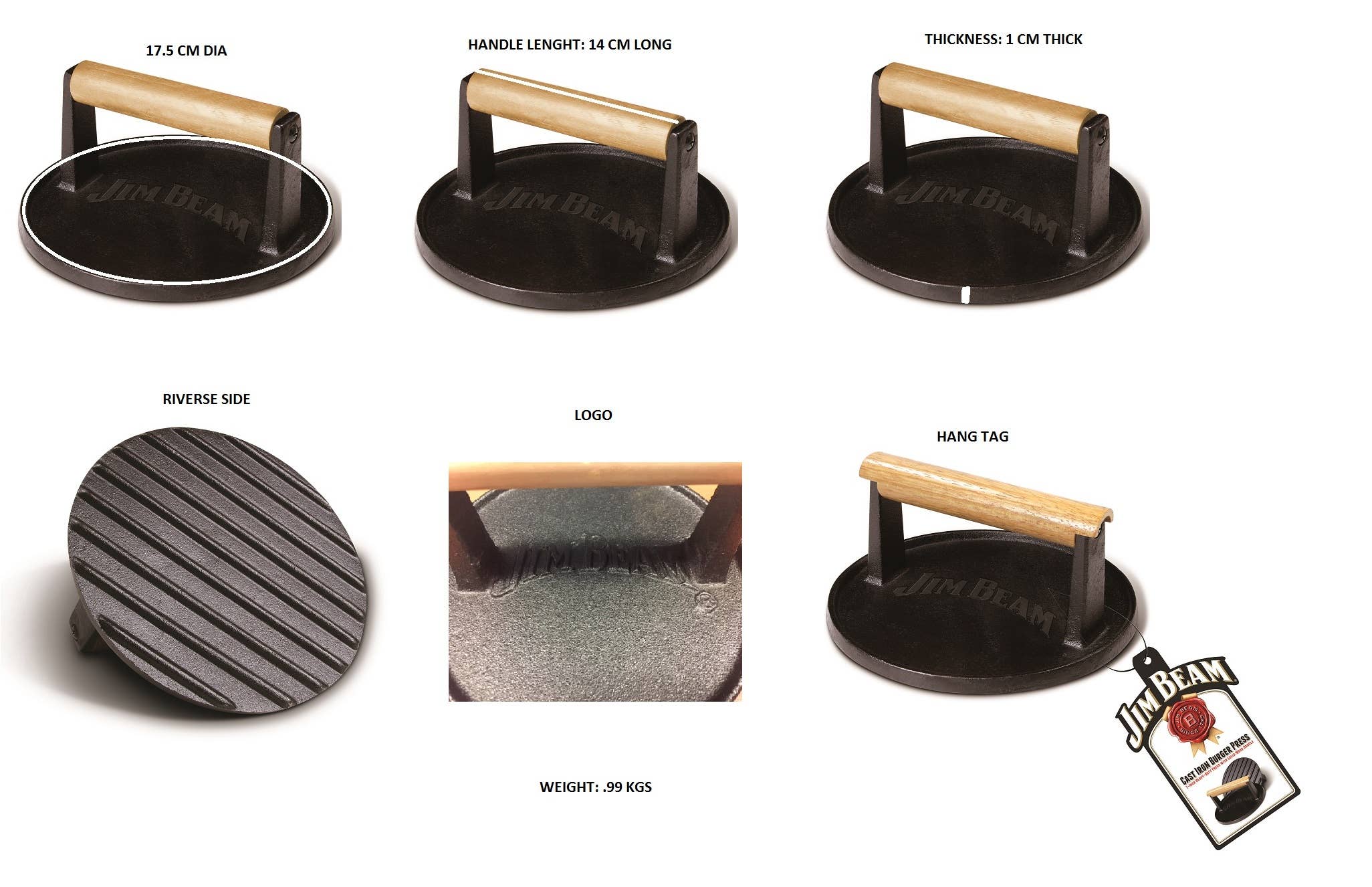 Jim Beam Cast Iron 7" Burger Press. - Image 4