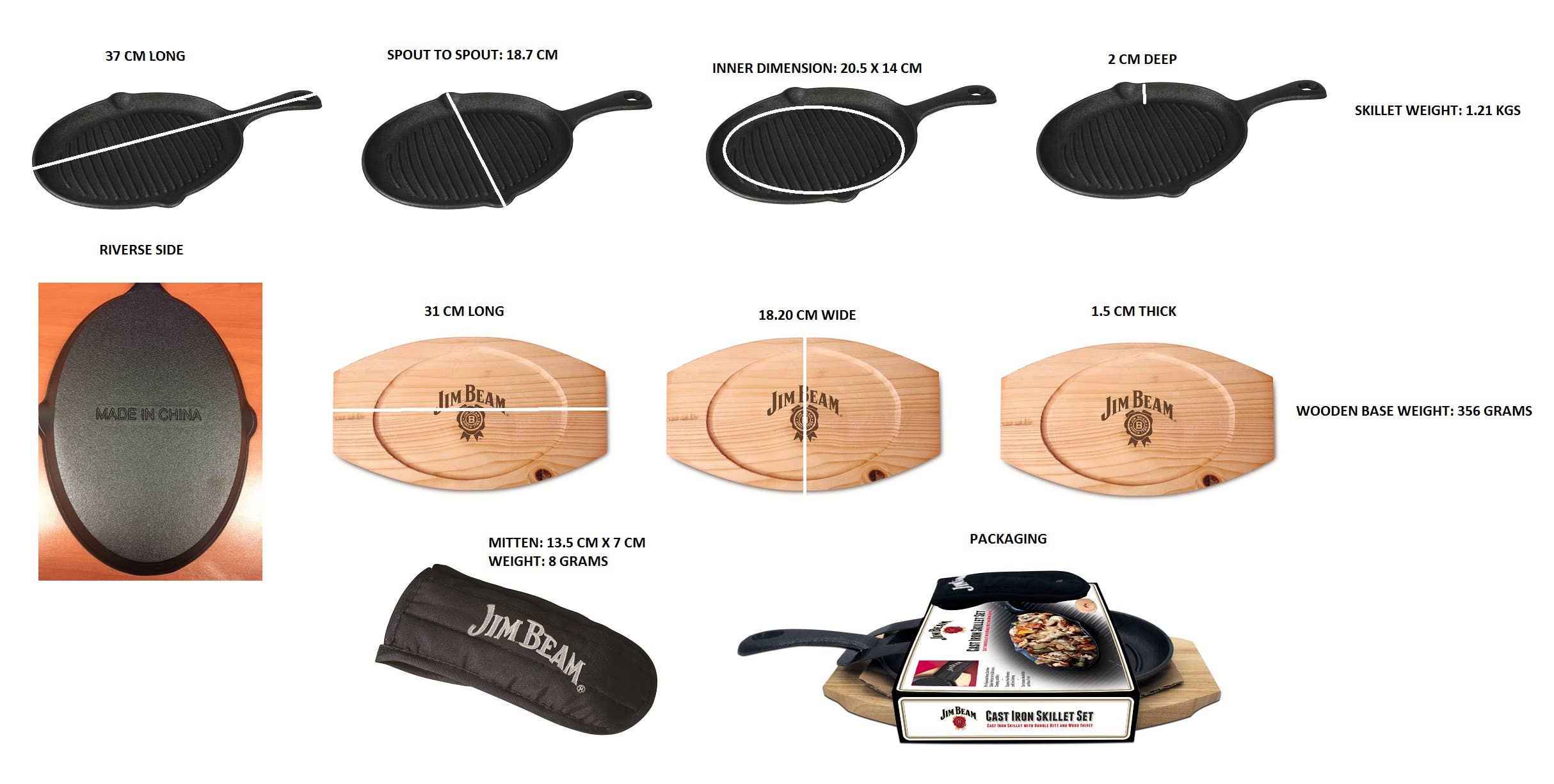 JimBeam Cast Iron Skillet with Handle Mitt and Wood trivet - Image 8
