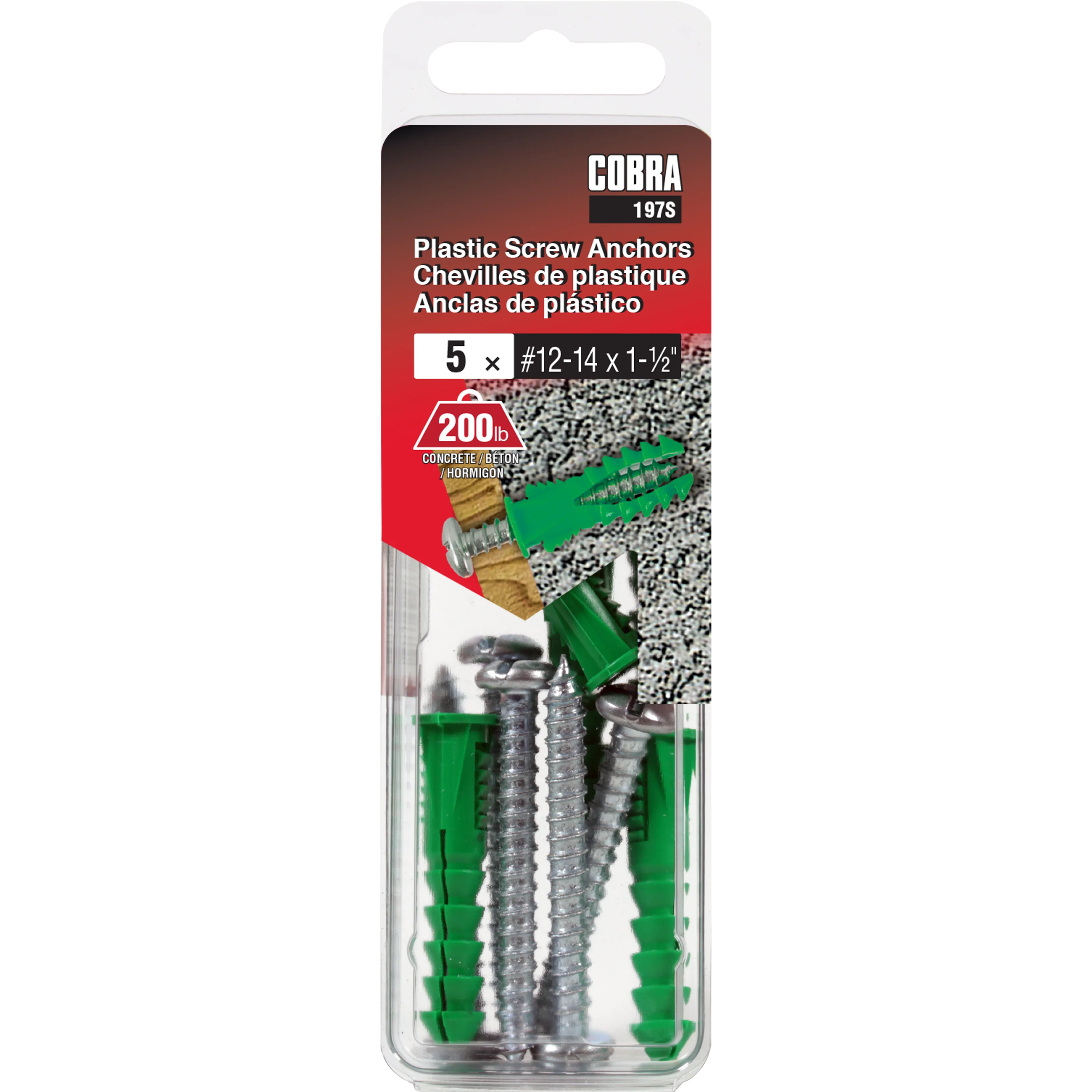 #12-14x1-1/2" Plastic Screw Anchor w/ Screws, Green (5 Pack)