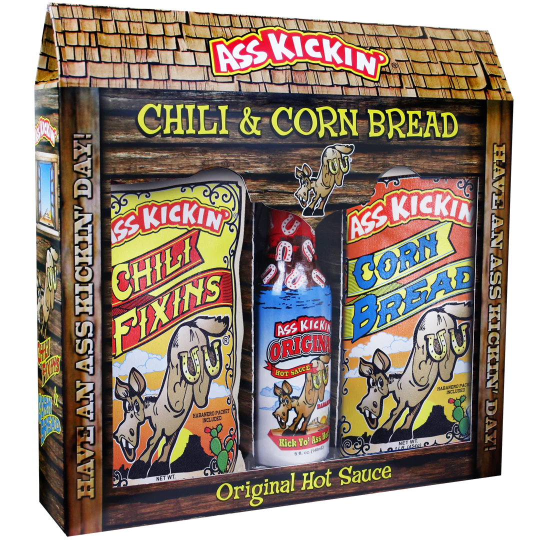 Ass Kickin' Chili Corn Bread Gift Set: 1 Bag Ass Kickin' Chili Fixins1 Bag Ass Kickin' Corn Bread1 5oz Bottle Ass Kickin' Original Hot Sauce