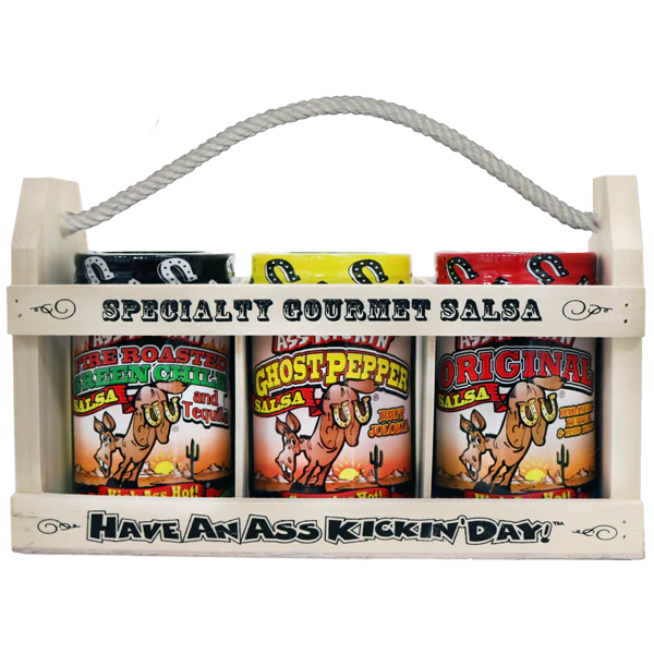 Ass Kickin’ Salsa Wooden Crate Gift Set: Three Jars of 13 oz. (384mL) Ass Kickin’ Salsa.• Ass Kickin’ Original Salsa• Ass Kickin’ Margarita Salsa (Mild)• Ass Kickin’ Roasted Garlic Salsa