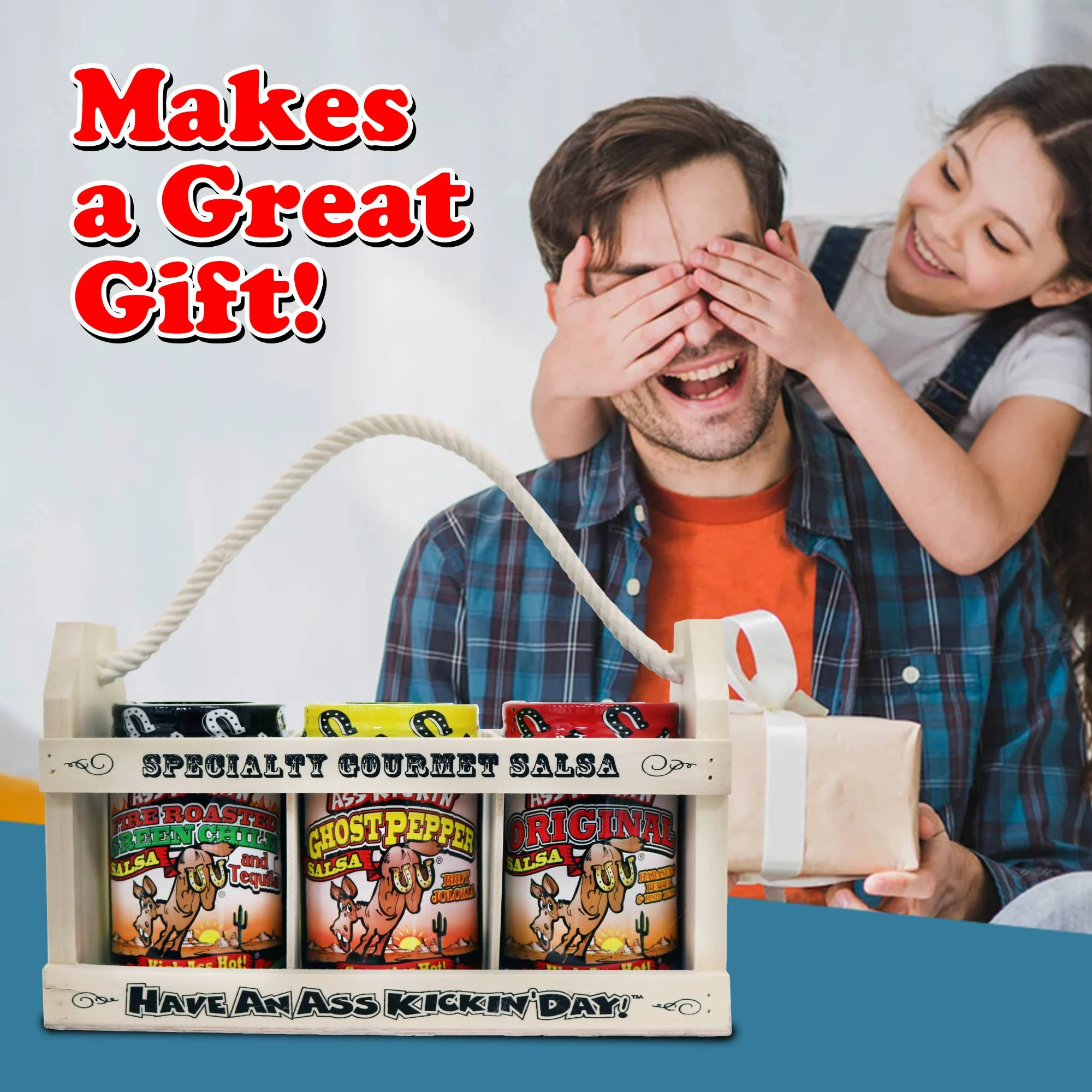 Ass Kickin’ Salsa Wooden Crate Gift Set: Three Jars of 13 oz. (384mL) Ass Kickin’ Salsa.• Ass Kickin’ Original Salsa• Ass Kickin’ Margarita Salsa (Mild)• Ass Kickin’ Roasted Garlic Salsa - Image 3