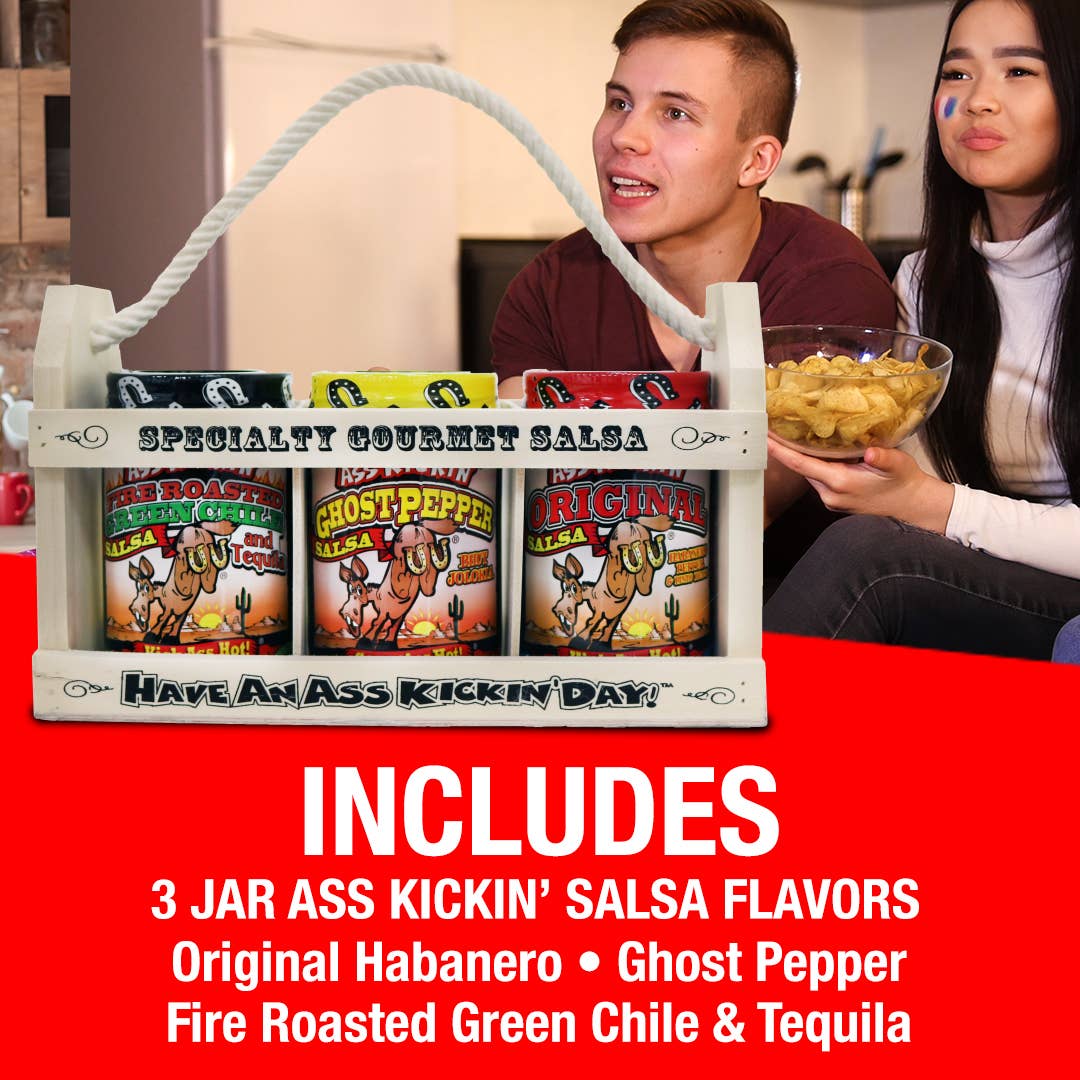 Ass Kickin’ Salsa Wooden Crate Gift Set: Three Jars of 13 oz. (384mL) Ass Kickin’ Salsa.• Ass Kickin’ Original Salsa• Ass Kickin’ Margarita Salsa (Mild)• Ass Kickin’ Roasted Garlic Salsa - Image 4