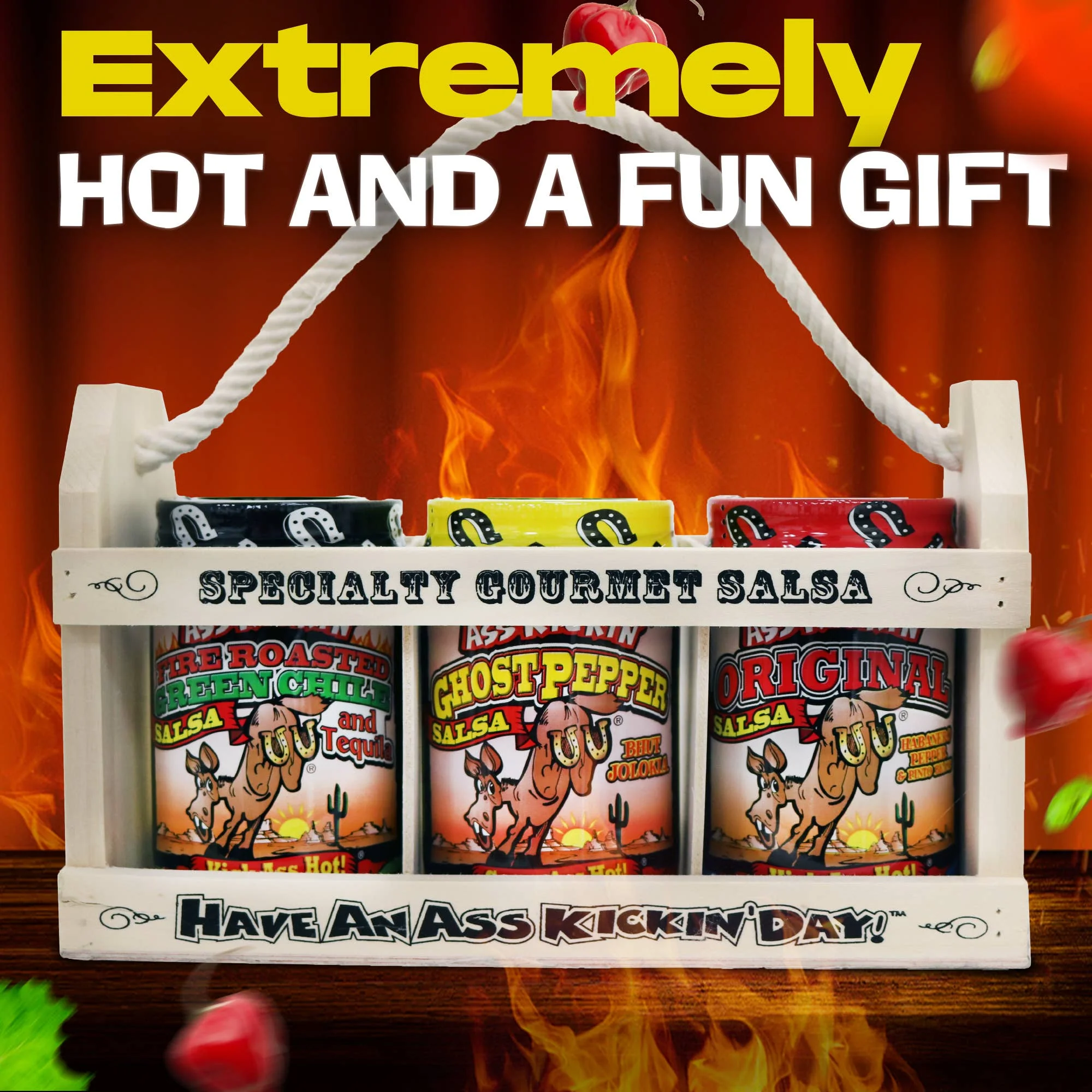 Ass Kickin’ Salsa Wooden Crate Gift Set: Three Jars of 13 oz. (384mL) Ass Kickin’ Salsa.• Ass Kickin’ Original Salsa• Ass Kickin’ Margarita Salsa (Mild)• Ass Kickin’ Roasted Garlic Salsa - Image 5