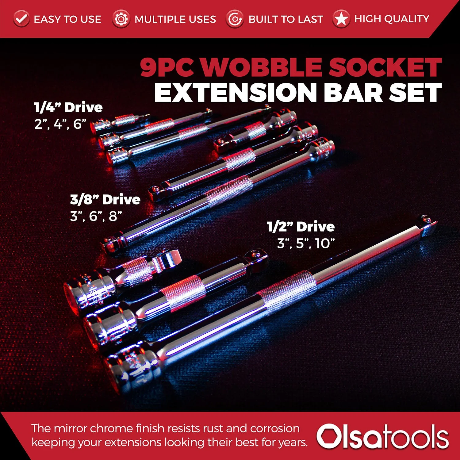 Wobble Socket Extension Set (9pc) | 1/2, 3/8, 1/4" Drive Ratchet Extension Bars - Image 3